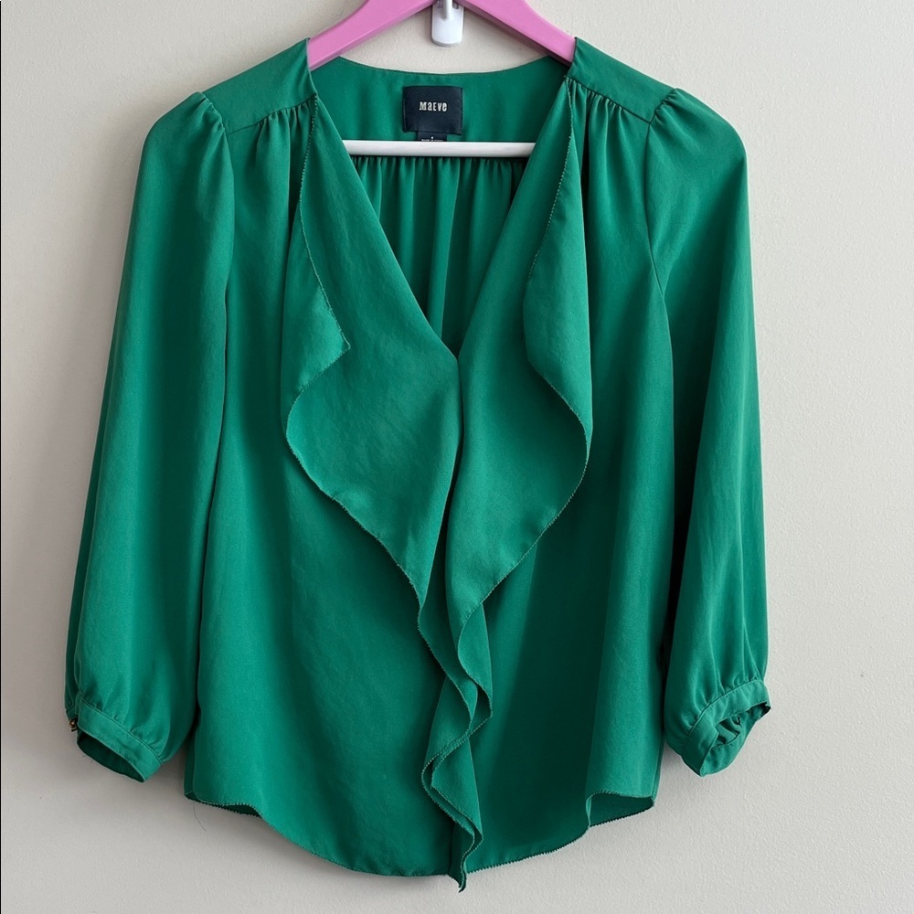 Anthropologie MAEVE Ruffle Kelly Green Flowy Top Blouse Size 4 - Picture 2 of 7